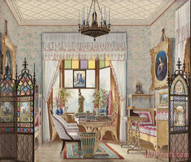 Empress Alexandra Feodorovna's Sitting Room, Cottage Palace, St. Petersberg, Russia painting - Eduard Petrovich Hau Empress Alexandra Feodorovna's Sitting Room, Cottage Palace, St. Petersberg, Russia Art Print