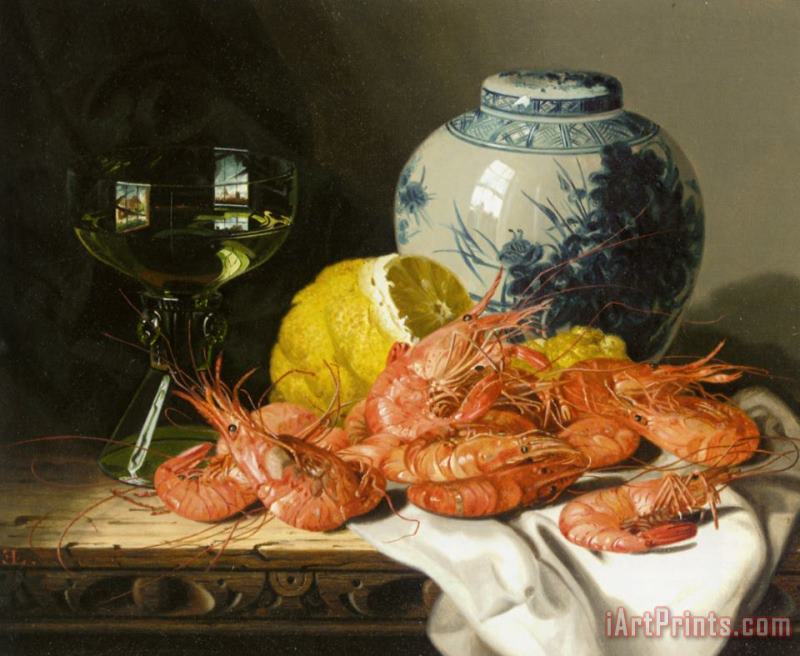 Edward Ladell Still Life with Prawns And a Delft Pot Art Painting