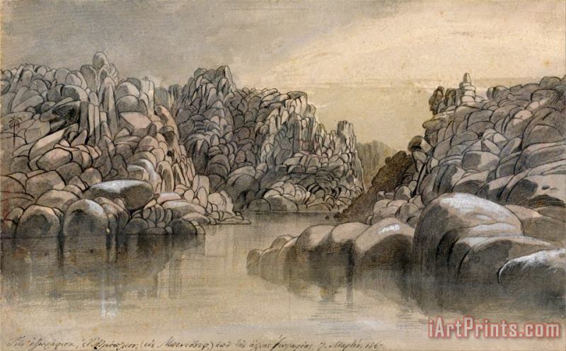 Edward Lear River Pass Between Semi Barren Rock Cliffs Art Print