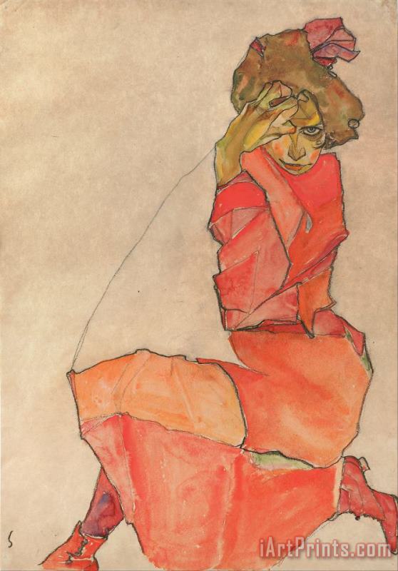 Egon Schiele Kneeling Female in Orange Red Dress Art Painting