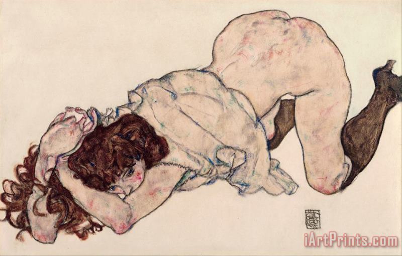 Egon Schiele Kneeling Girl, Resting on Both Elbows Art Painting