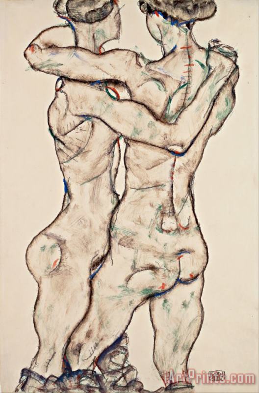 Egon Schiele Naked Girls Embracing Art Painting