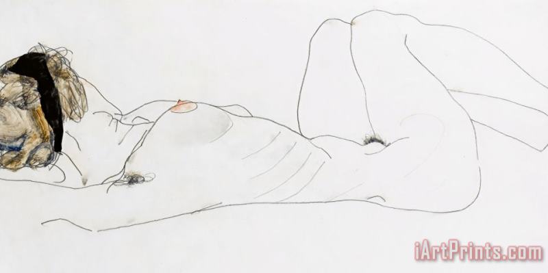 Reclining female nude painting - Egon Schiele Reclining female nude Art Print