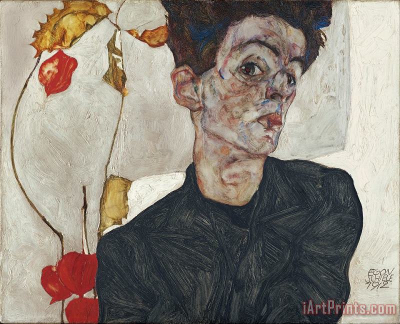 Self Portrait with Physalis painting - Egon Schiele Self Portrait with Physalis Art Print