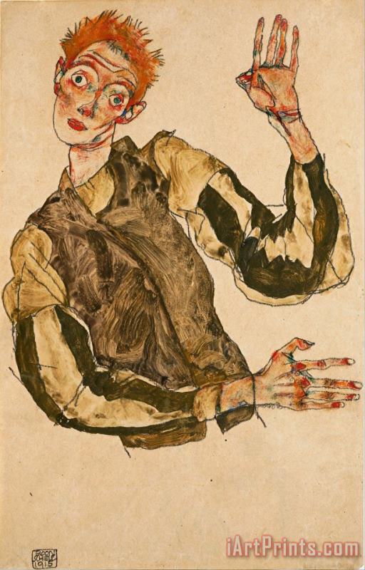 Self Portrait with Striped Armlets painting - Egon Schiele Self Portrait with Striped Armlets Art Print