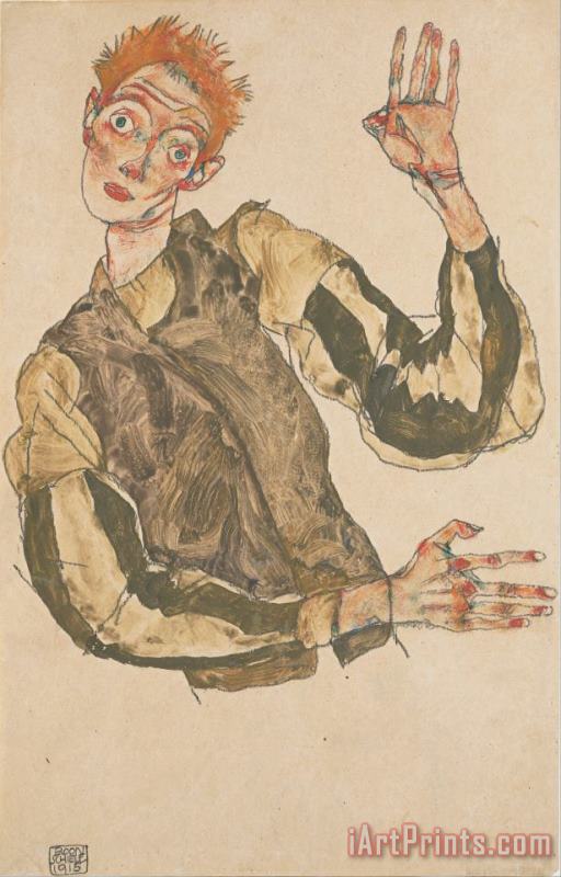 Self Portrait with Striped Sleeves painting - Egon Schiele Self Portrait with Striped Sleeves Art Print