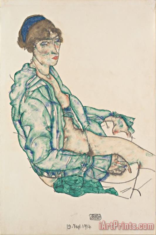 Egon Schiele Sitting Semi Nude with Blue Hairband Art Painting