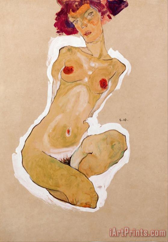 Egon Schiele Squatting Female Nude Art Painting