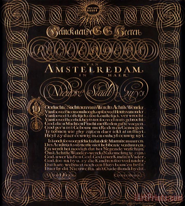 Elias Noski Engraved Poem by C. Huygens 'geluck Aen De E.e. Heeren Regeerders Van Amstelredam...' Art Print
