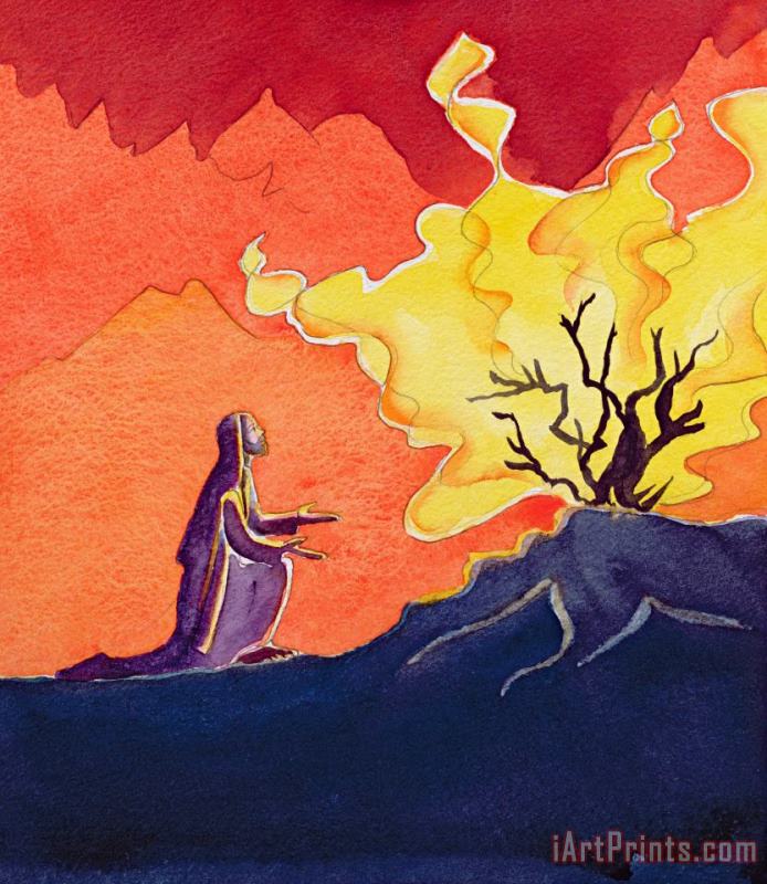 God speaks to Moses from the burning bush painting - Elizabeth Wang God speaks to Moses from the burning bush Art Print