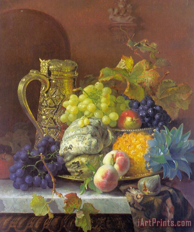 Eloise Harriet Stannard Fruits on a Tray with a Silver Flagon on a Marble Ledge Art Print
