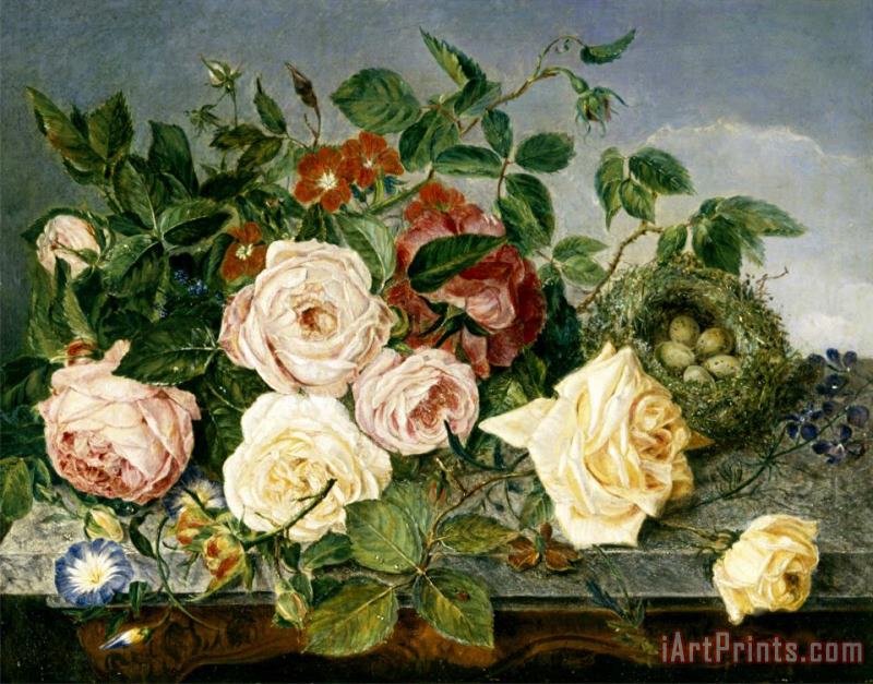 Eloise Harriet Stannard Still Life of Roses And Morning Glory Art Print