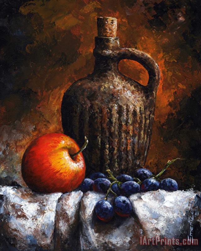 Old bottle and fruit painting - Emerico Toth Old bottle and fruit Art Print