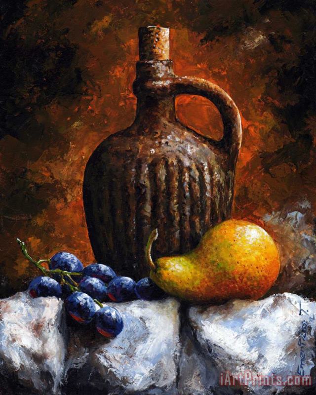 Old bottle and fruit II painting - Emerico Toth Old bottle and fruit II Art Print