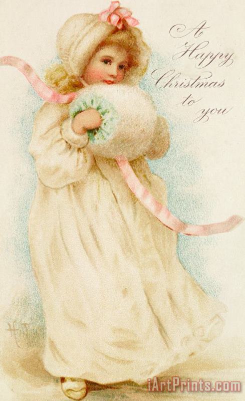English School Christmas card depicting a girl with a muff Art Painting