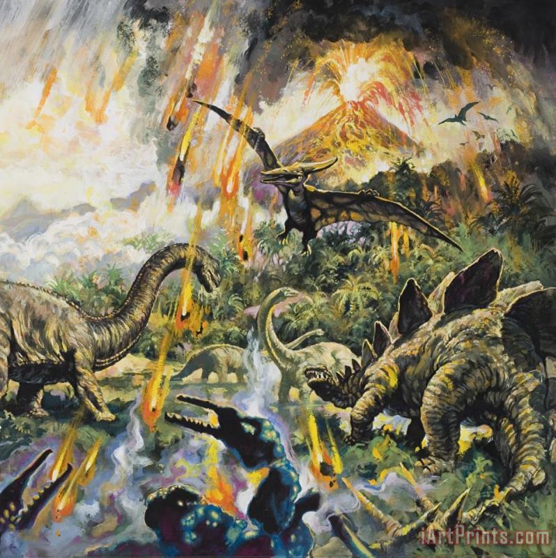 Dinosaurs and Volcanoes painting - English School Dinosaurs and Volcanoes Art Print