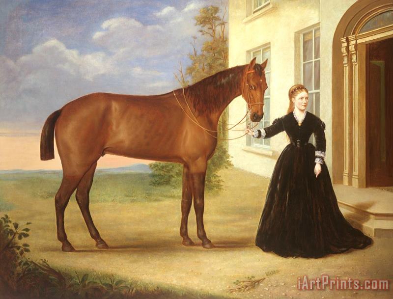  Portrait of a lady with her horse painting - English School  Portrait of a lady with her horse Art Print