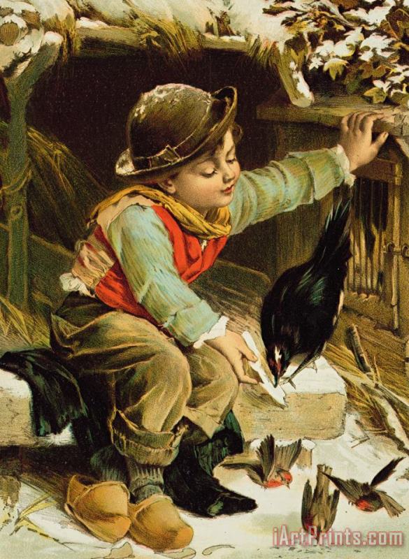 Young Boy With Birds In The Snow painting - English School Young Boy With Birds In The Snow Art Print