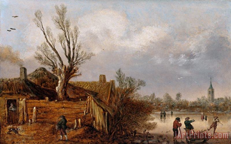Esaias Van De Velde Cottages And Frozen River Art Painting
