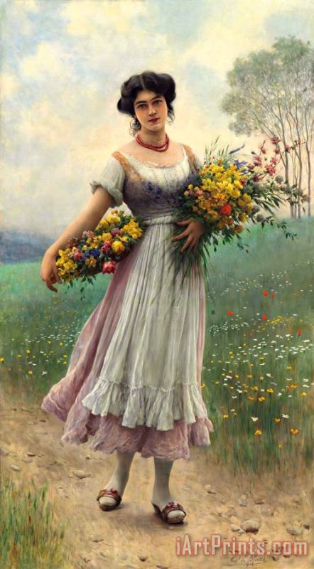 Eugen von Blaas A Maiden Gathering Flowers, 1912 Art Painting