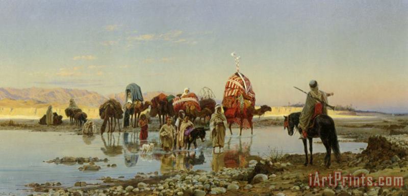 Eugene Alexis Girardet Arab Caravan Crossing a Ford Art Painting
