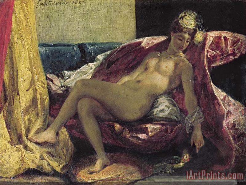 Reclining Odalisque Or, Woman with a Parakeet painting - Eugene Delacroix Reclining Odalisque Or, Woman with a Parakeet Art Print