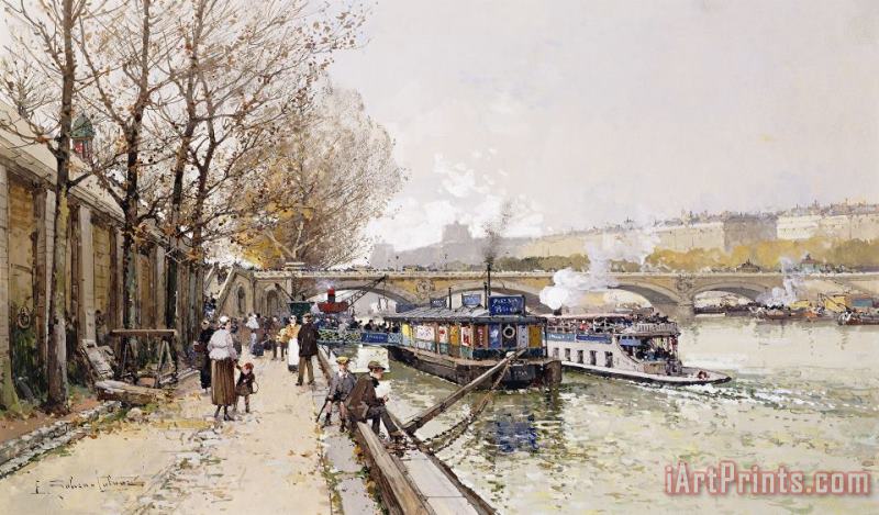 Barges On The Seine painting - Eugene Galien-Laloue Barges On The Seine Art Print
