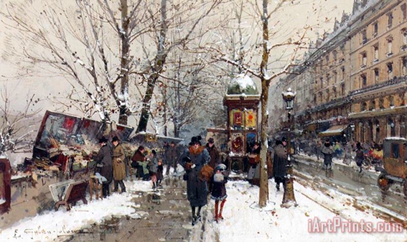 Bookstalls In Winter Paris painting - Eugene Galien-Laloue Bookstalls In Winter Paris Art Print