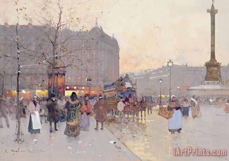 Eugene Galien-Laloue Figures in the Place de la Bastille Art Painting