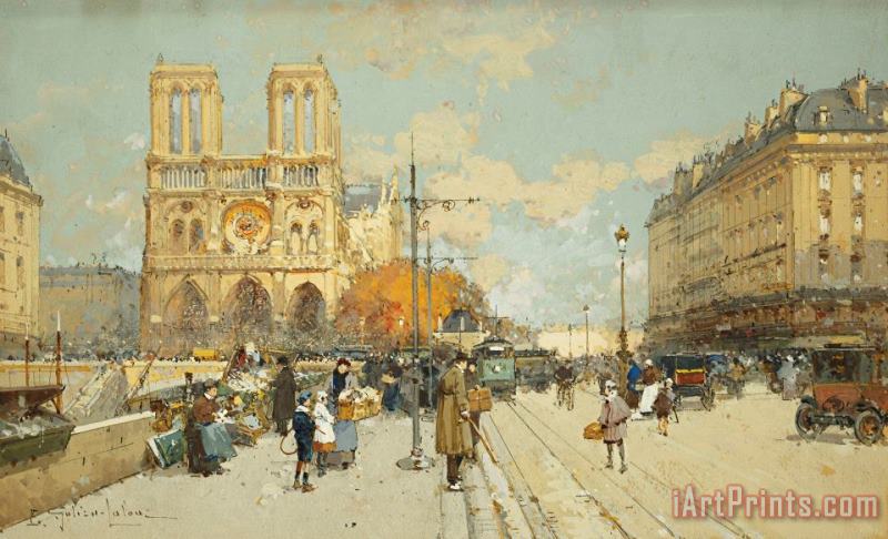 Eugene Galien-Laloue Figures On A Sunny Parisian Street Notre Dame At Left Art Print
