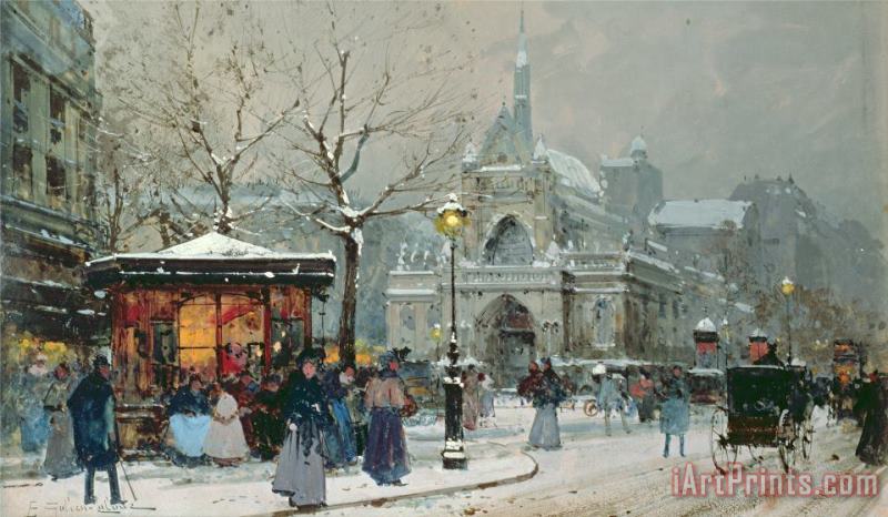 Eugene Galien-Laloue Snow Scene In Paris Art Painting