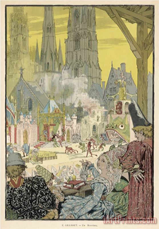 Eugene Grasset Mystery Play in The Grounds of a Cathedral with Spectacles Art Painting