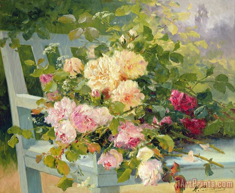 Roses on the bench painting - Eugene Henri Cauchois Roses on the bench Art Print