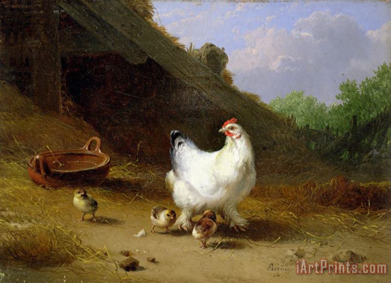 A hen with her chicks painting - Eugene Joseph Verboeckhoven A hen with her chicks Art Print