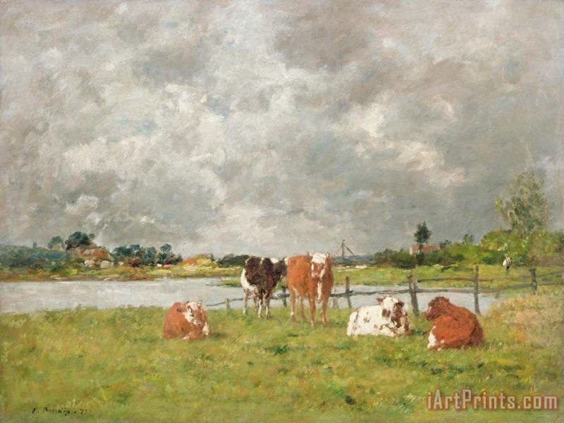 Eugene Louis Boudin Cows in a Field under a Stormy Sky Art Painting