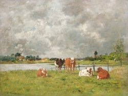 Eugene Louis Boudin Cows in a Field under a Stormy Sky painting
