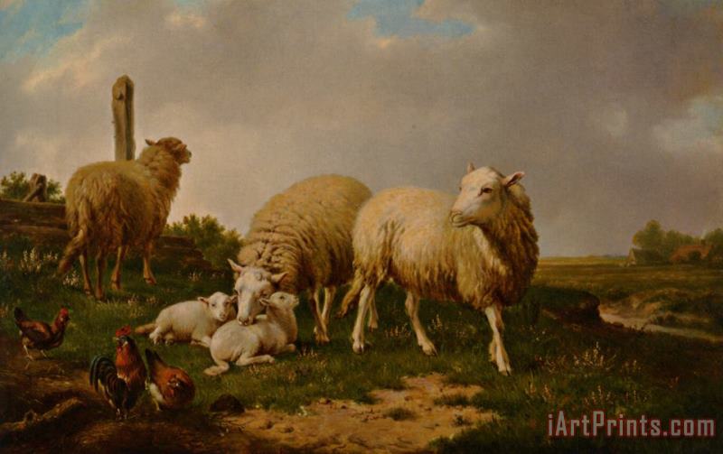 Eugene Verboeckhoven Sheep And Rooster Art Print