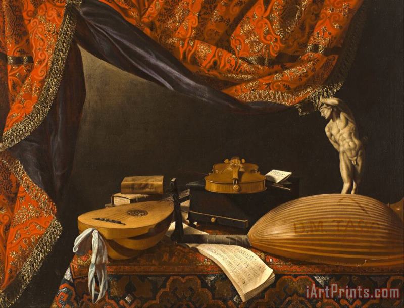 Evaristo Baschenis Still Life with Musical Instruments, Books And Sculpture Art Painting