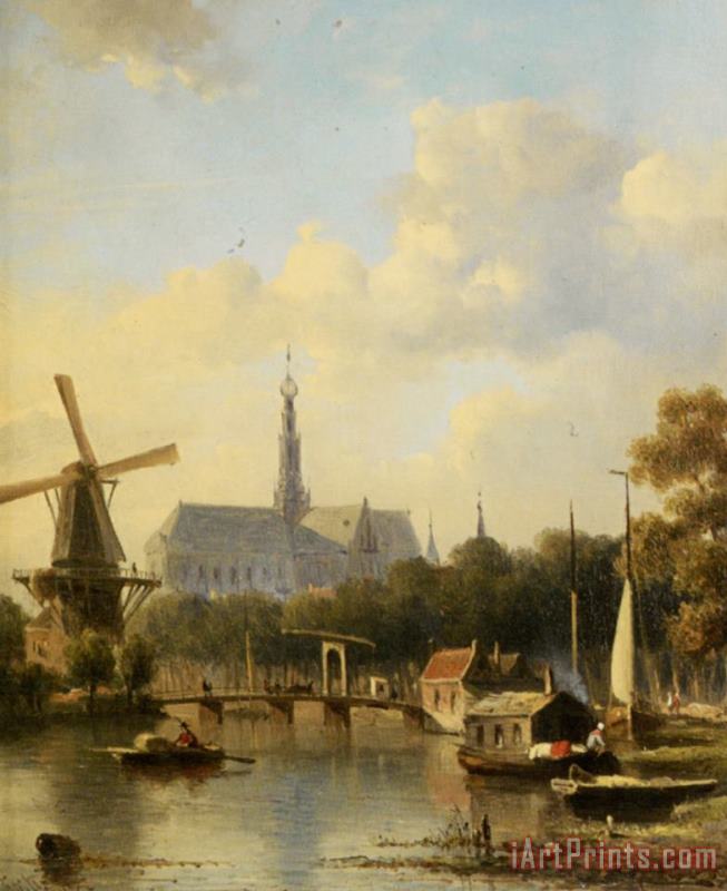 A View of Haarlem with St Bavo Cathedral From The River painting - Everhardus Koster A View of Haarlem with St Bavo Cathedral From The River Art Print