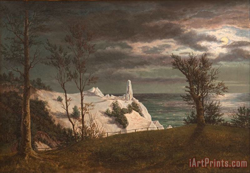 The Summer Spire on The Chalk Cliffs of The Island Mon. Moonlight painting - F. Sodring The Summer Spire on The Chalk Cliffs of The Island Mon. Moonlight Art Print