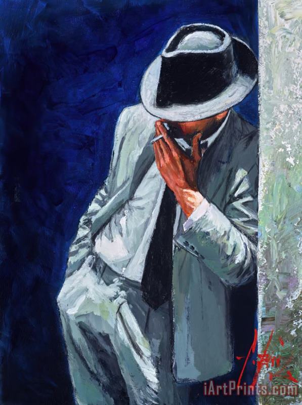 Fabian Perez Smoking Man in White Suit Art Painting