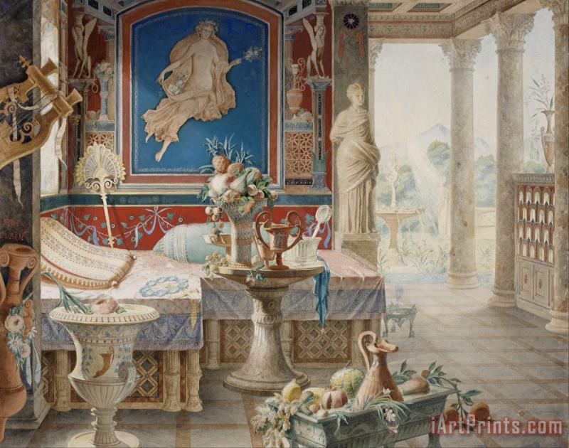Architectural Fantasy in The Style of Pompeii painting - Felix Duban Architectural Fantasy in The Style of Pompeii Art Print