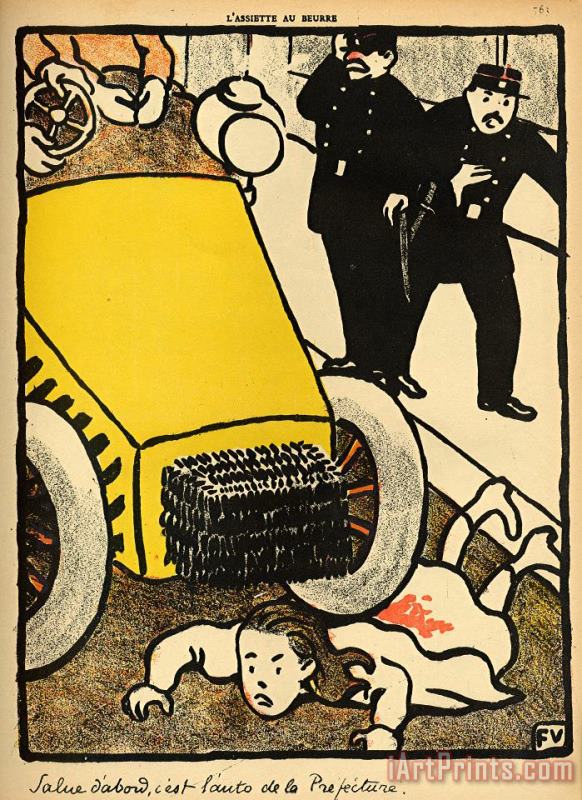 A police car runs over a little girl painting - Felix Edouard Vallotton A police car runs over a little girl Art Print