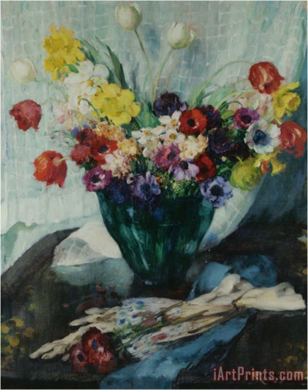 Fernand Toussaint Vase De Fleurs Et Rideau Blanc Art Print