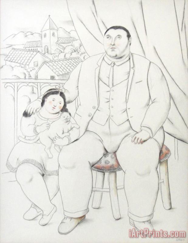 Fernando Botero Man with Little Girl And Cat, 2013 Art Painting