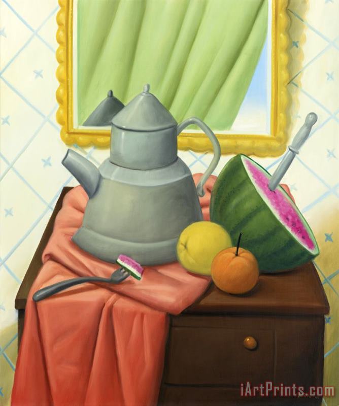 Still Life with Mirror, 2001 painting - Fernando Botero Still Life with Mirror, 2001 Art Print