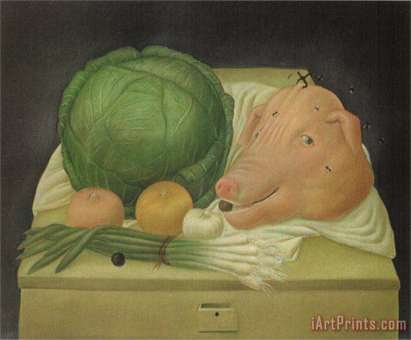 Still Life with The Head of Pork painting - fernando botero Still Life with The Head of Pork Art Print