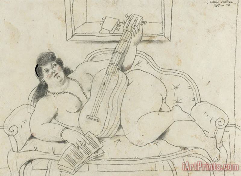 Woman with Guitar, 1990 painting - Fernando Botero Woman with Guitar, 1990 Art Print