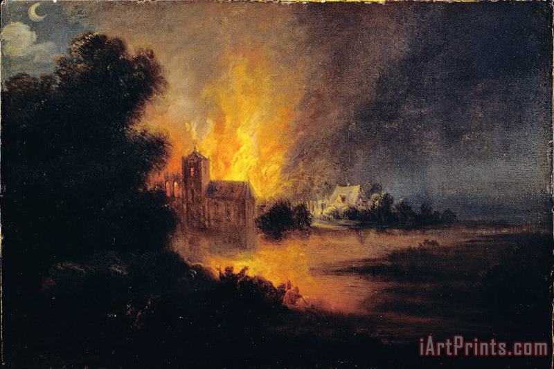 Flemish or Dutch A Village on Fire Art Painting