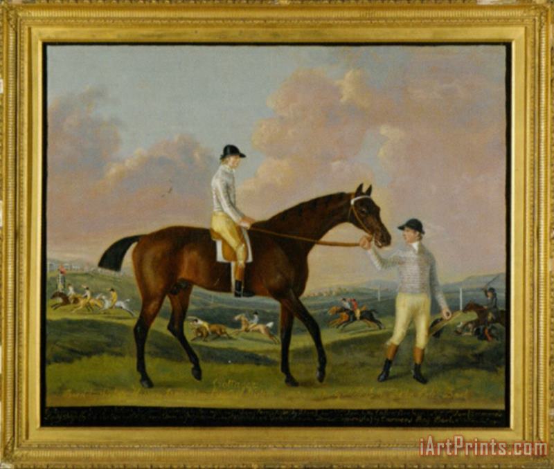 Francis Sartorius Portrait of Henry Comptons Race Horse Cottager Held by a Groom with Jockey And a Race Beyond Art Painting